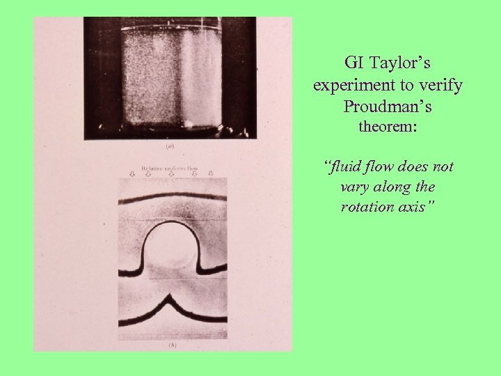 GI Taylor’s experiment to verify Proudman’s theorem: “fluid flow does not vary along the