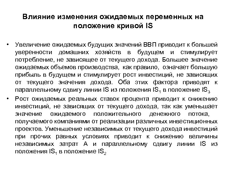 Влияние изменения ожидаемых переменных на положение кривой IS • Увеличение ожидаемых будущих значений ВВП