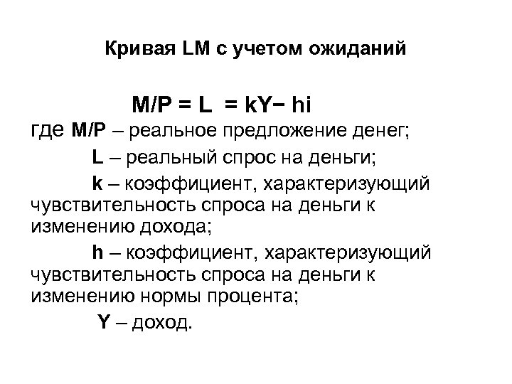 Кривая LM с учетом ожиданий M/P = L = k. Y− hi где M/P
