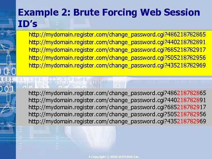 Example 2: Brute Forcing Web Session ID’s http: //mydomain. register. com/change_password. cgi? 486218782865 http: