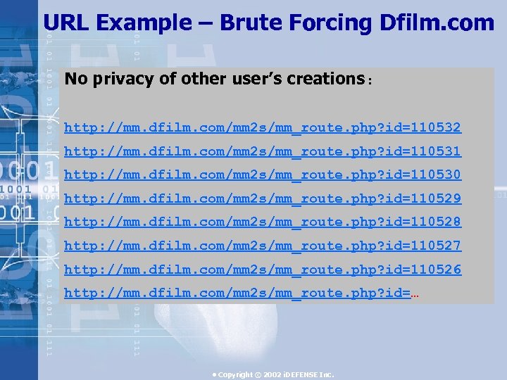 URL Example – Brute Forcing Dfilm. com No privacy of other user’s creations: http: