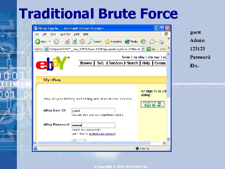 Traditional Brute Force guest Admin 123123 Password Etc. • Copyright © 2002 i. DEFENSE