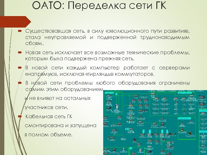 ОАТО: Переделка сети ГК Существовавшая сеть, в силу «эволюционного пути развития» , стала неуправляемой