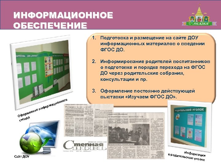 ИНФОРМАЦИОННОЕ ОБЕСПЕЧЕНИЕ 1. Подготовка и размещение на сайте ДОУ информационных материалов о введении ФГОС