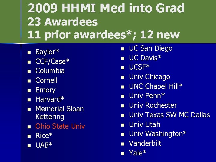 2009 HHMI Med into Grad 23 Awardees 11 prior awardees*; 12 new n n