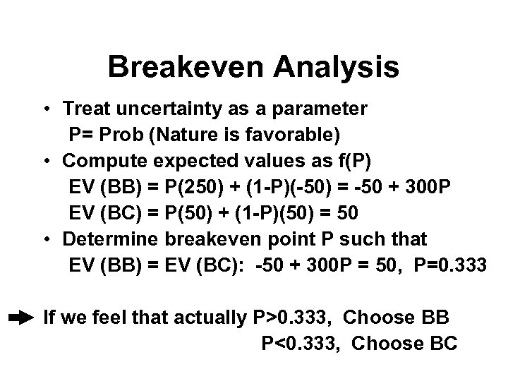 Breakeven Analysis • Treat uncertainty as a parameter P= Prob (Nature is favorable) •