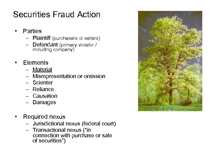 Securities Fraud Action • Parties – Plaintiff (purchasers or sellers) – Defendant (primary violator