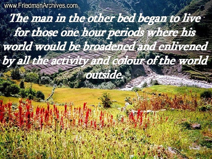 The man in the other bed began to live for those one hour periods