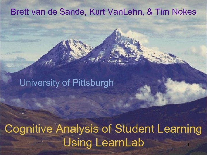 Brett van de Sande, Kurt Van. Lehn, & Tim Nokes University of Pittsburgh Cognitive