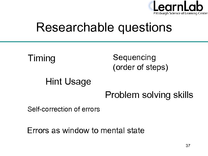 Researchable questions Timing Sequencing (order of steps) Hint Usage Problem solving skills Self-correction of