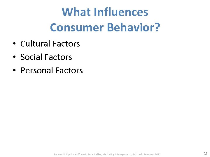 What Influences Consumer Behavior? • Cultural Factors • Social Factors • Personal Factors Source: