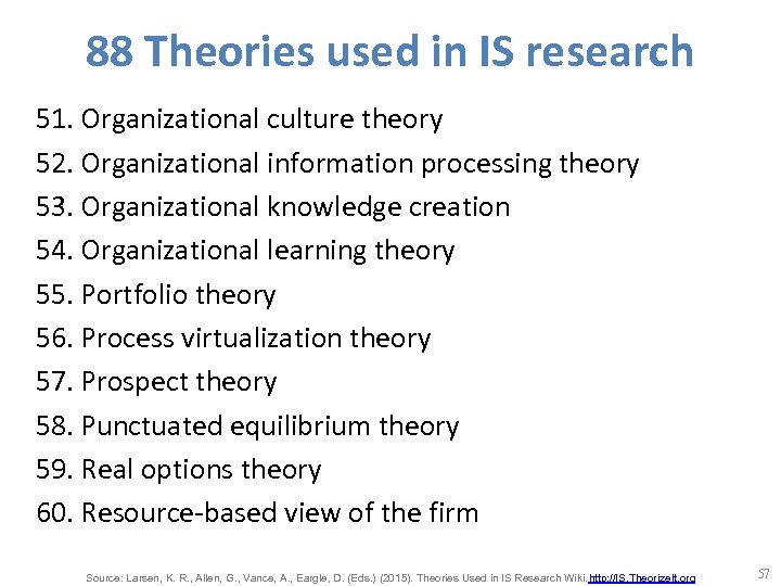 88 Theories used in IS research 51. Organizational culture theory 52. Organizational information processing