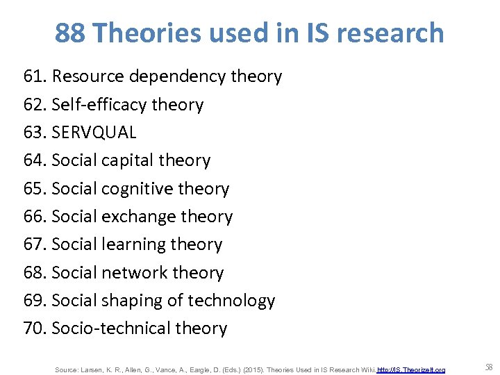 88 Theories used in IS research 61. Resource dependency theory 62. Self-efficacy theory 63.