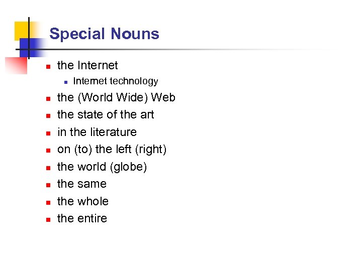 Special Nouns n the Internet n n n n n Internet technology the (World