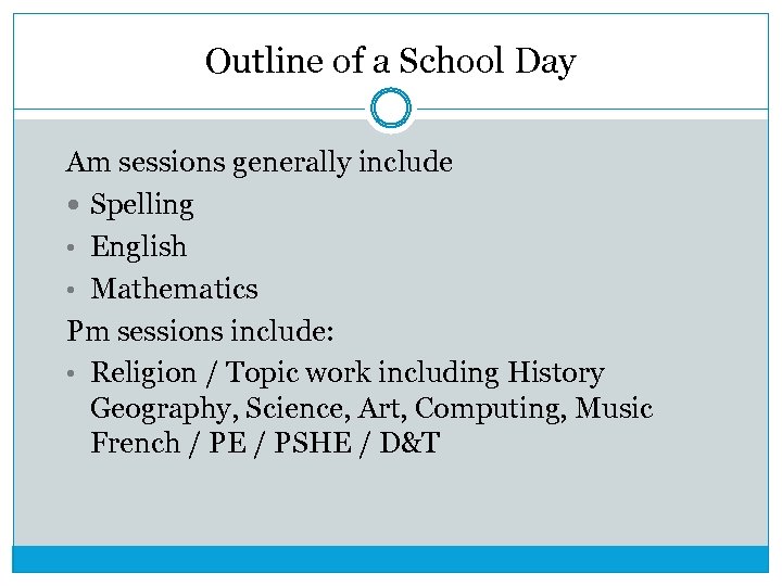Outline of a School Day Am sessions generally include Spelling • English • Mathematics