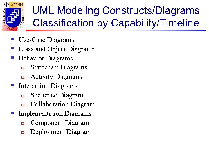 UML Modeling Constructs/Diagrams Classification by Capability/Timeline § Use-Case Diagrams § Class and Object Diagrams