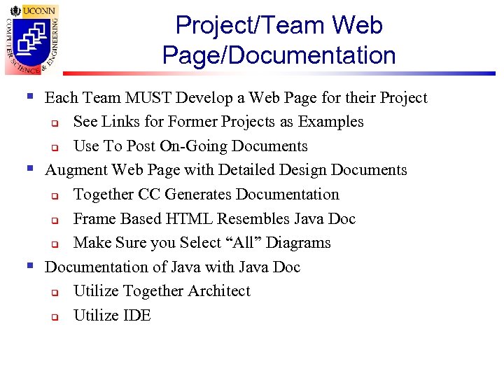 Project/Team Web Page/Documentation § Each Team MUST Develop a Web Page for their Project