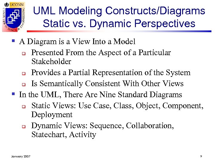 UML Modeling Constructs/Diagrams Static vs. Dynamic Perspectives § A Diagram is a View Into