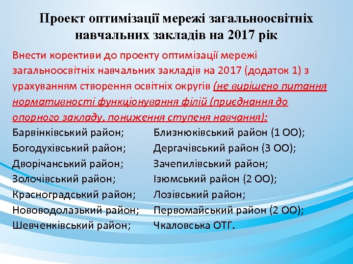 Проект оптимізації мережі загальноосвітніх навчальних закладів на 2017 рік Внести корективи до проекту оптимізації