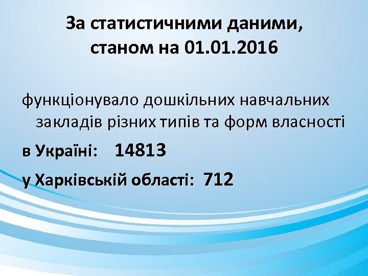 За статистичними даними, станом на 01. 2016 функціонувало дошкільних навчальних закладів різних типів та