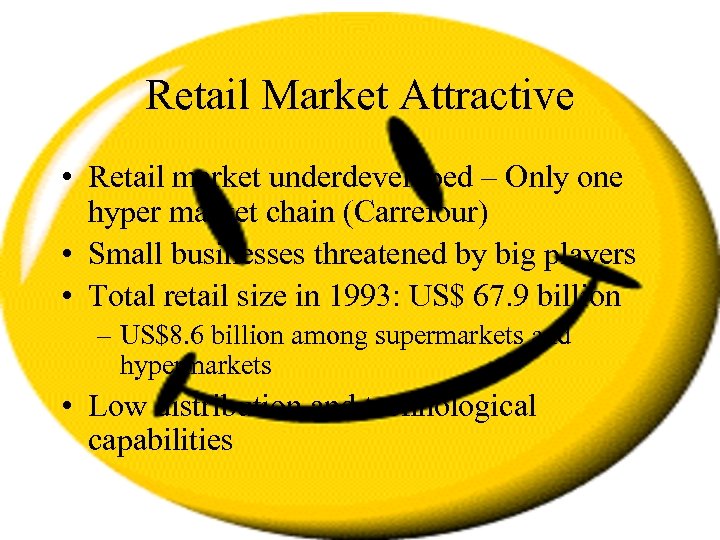 Retail Market Attractive • Retail market underdeveloped – Only one hyper market chain (Carrefour)