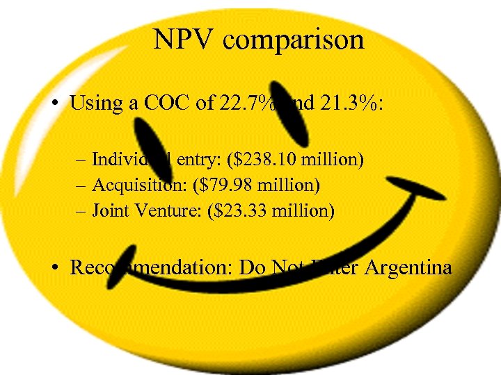 NPV comparison • Using a COC of 22. 7% and 21. 3%: – Individual