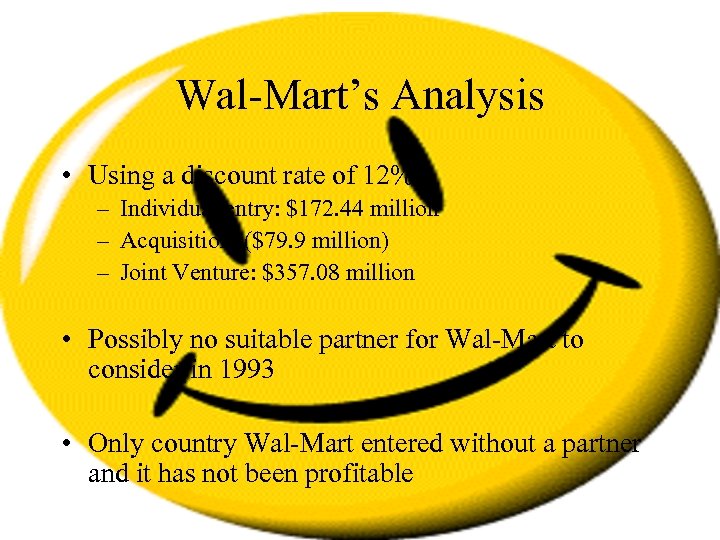 Wal-Mart’s Analysis • Using a discount rate of 12%: – Individual entry: $172. 44