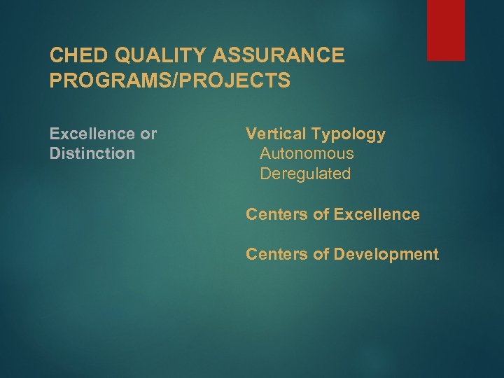 CHED QUALITY ASSURANCE PROGRAMS/PROJECTS Excellence or Distinction Vertical Typology Autonomous Deregulated Centers of Excellence