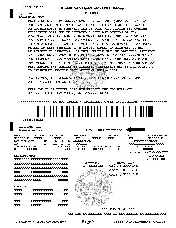 State of California Planned Non-Operation (PNO) Receipt FRONT Department of Motor Vehicles A Public