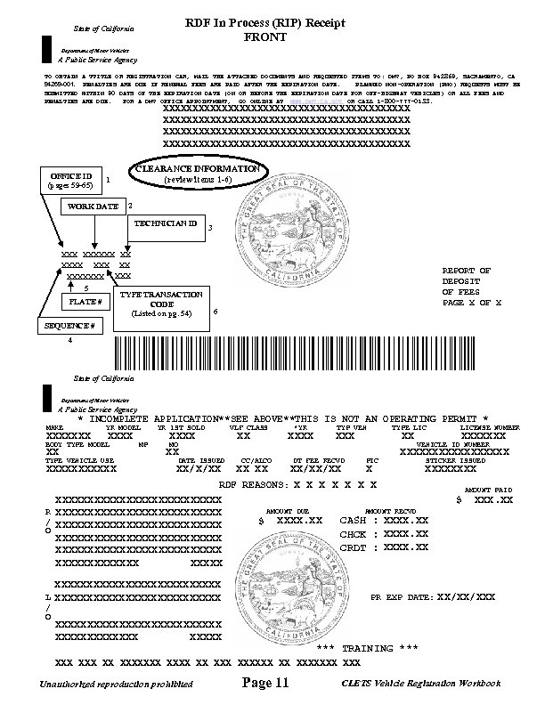 RDF In Process (RIP) Receipt FRONT State of California Department of Motor Vehicles A