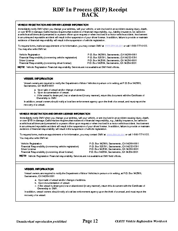 RDF In Process (RIP) Receipt BACK VEHICLE REGISTRATION AND DRIVER LICENSE INFORMATION Immediately notify