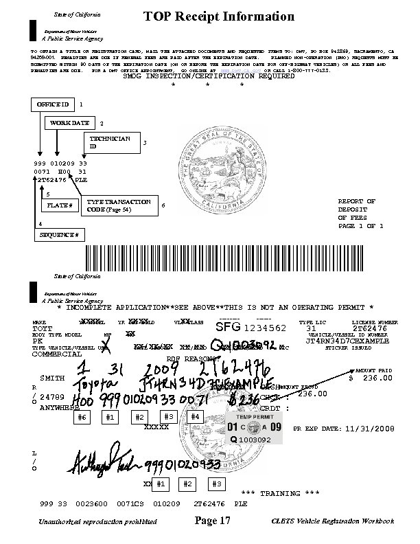 TOP Receipt Information State of California Department of Motor Vehicles A Public Service Agency