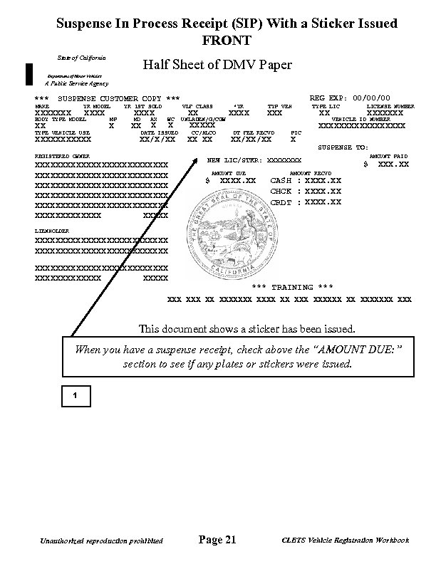 Suspense In Process Receipt (SIP) With a Sticker Issued FRONT State of California Half