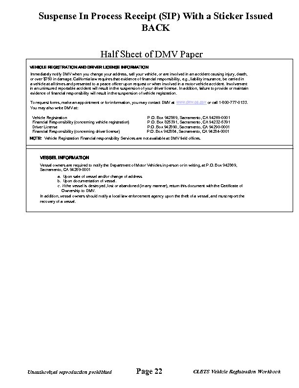 Suspense In Process Receipt (SIP) With a Sticker Issued BACK Half Sheet of DMV