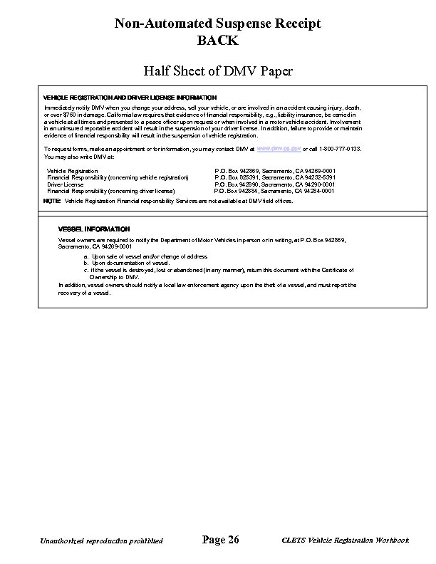 Non-Automated Suspense Receipt BACK Half Sheet of DMV Paper VEHICLE REGISTRATION AND DRIVER LICENSE