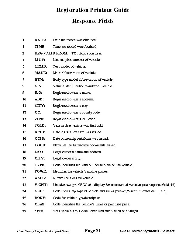 Registration Printout Guide Response Fields 1 DATE: Date the record was obtained. 2 TIME: