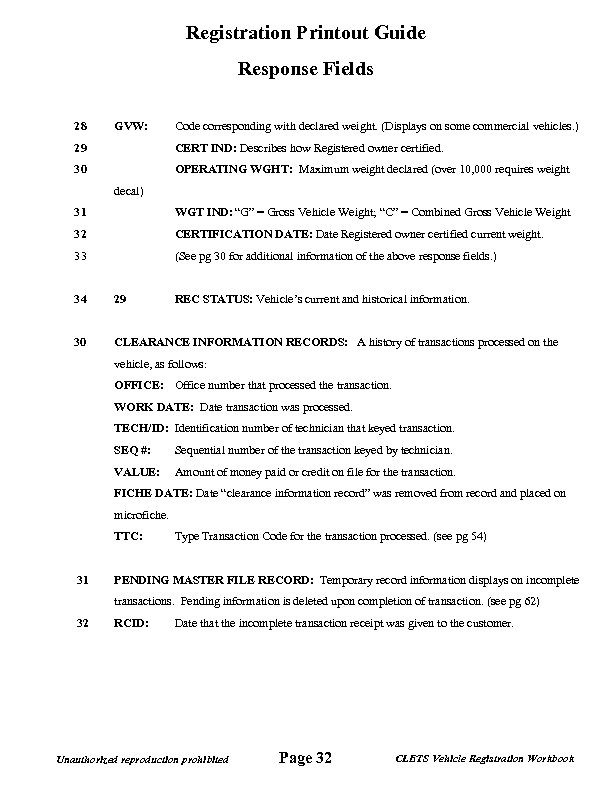 Registration Printout Guide Response Fields 28 GVW: Code corresponding with declared weight. (Displays on