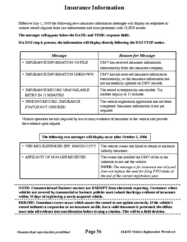 Insurance Information Effective July 1, 2006 the following new insurance information messages will display