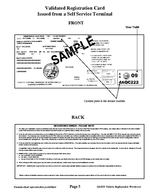 Validated Registration Card Issued from a Self Service Terminal FRONT Year Valid 01/1/2008 01/1/2009