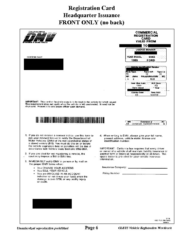 Registration Card Headquarter Issuance FRONT ONLY (no back) Unauthorized reproduction prohibited Page 6 CLETS