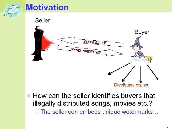 Motivation Seller Buyer £££££ £ songs, mo vies etc. Distributes copies How can the
