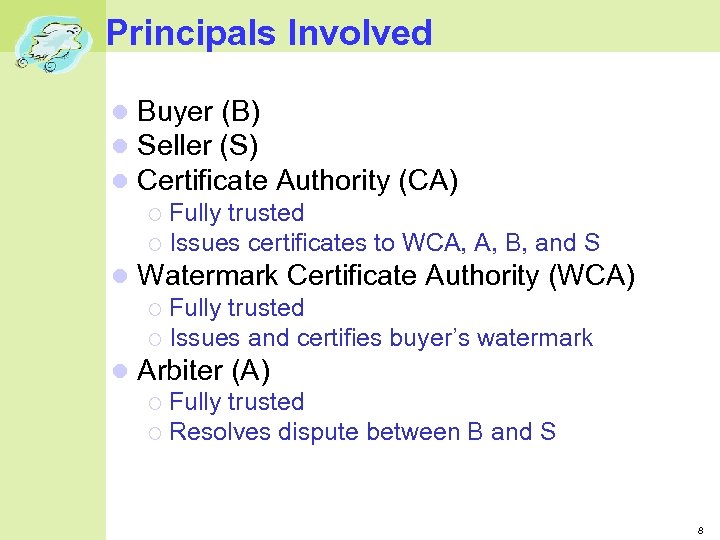 Principals Involved Buyer (B) Seller (S) Certificate Authority (CA) Fully trusted Issues certificates to