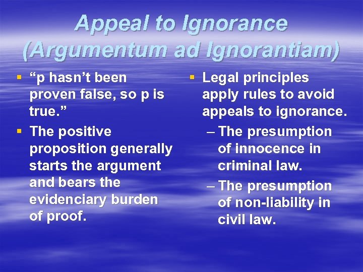 Appeal to Ignorance (Argumentum ad Ignorantiam) § “p hasn’t been proven false, so p