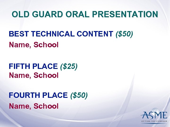 OLD GUARD ORAL PRESENTATION BEST TECHNICAL CONTENT ($50) Name, School FIFTH PLACE ($25) Name,