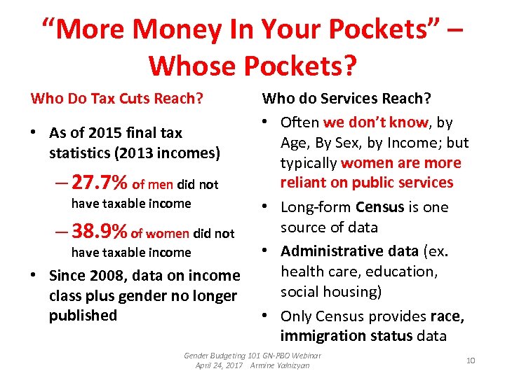 “More Money In Your Pockets” – Whose Pockets? Who Do Tax Cuts Reach? •