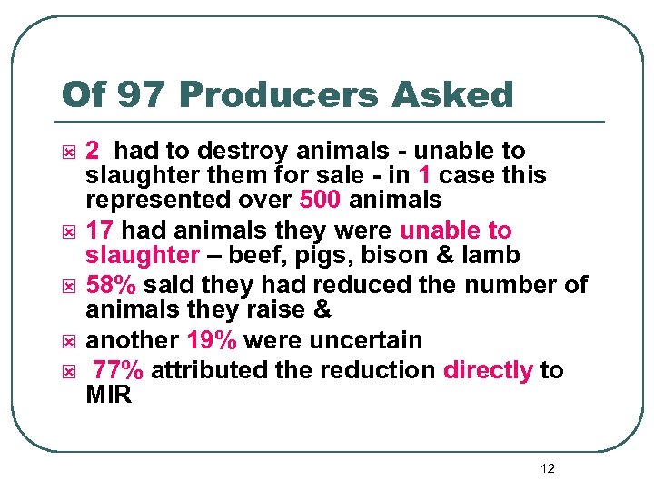 Of 97 Producers Asked ý ý ý 2 had to destroy animals - unable