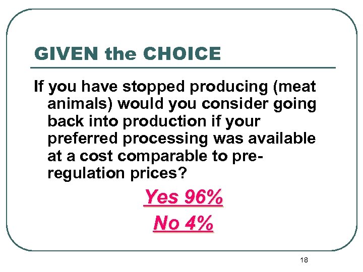 GIVEN the CHOICE If you have stopped producing (meat animals) would you consider going