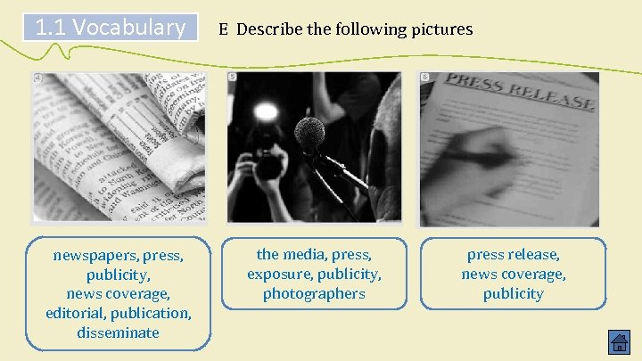 1. 1 Vocabulary newspapers, press, publicity, news coverage, editorial, publication, disseminate E Describe the