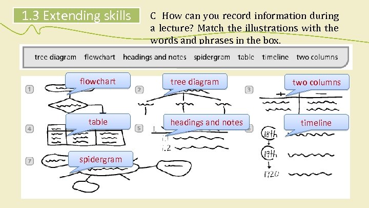 1. 3 Extending skills flowchart table spidergram C How can you record information during