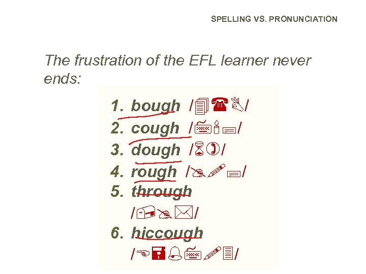 SPELLING VS. PRONUNCIATION The frustration of the EFL learner never ends: bough / /